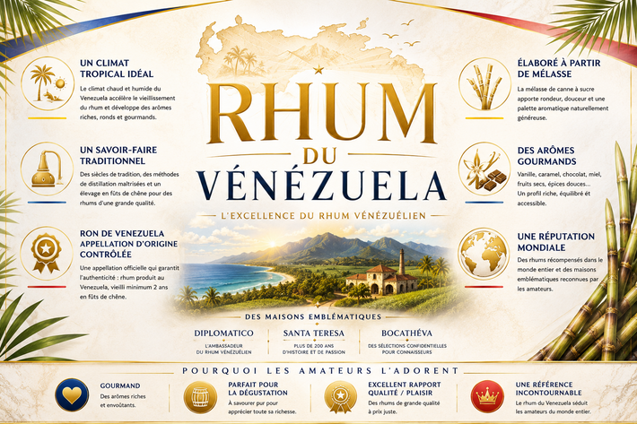 Infographie sur le rhum du Venezuela présentant l'appellation Ron de Venezuela, les arômes typiques du rhum vénézuélien, les méthodes de fabrication et les marques emblématiques Diplomatico, Santa Teresa et Bocathéva.